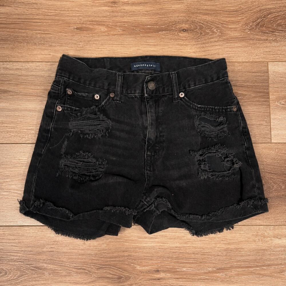 Aeropostale Black Distressed Denim Shorts Size 2 High Rise